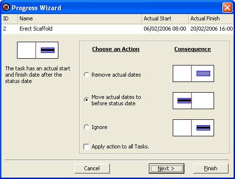 图:Progress Wizard 发现进度超前的任务——选择修正方式