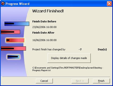 图:Progress Wizard 完成——显示工期差异和调整摘要