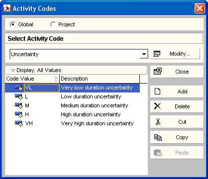 图：导入 P6 Activity Codes 后在 Quick Risk 中基于活动代码设置模板