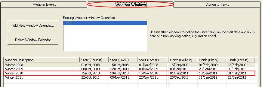 图:Weather Window 中任务被冬季窗口中断的甘特图显示
